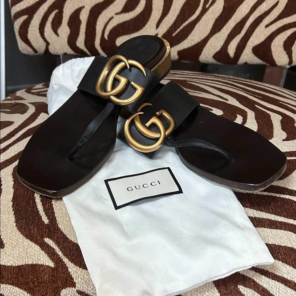 Gucci Black Marmont Sandals with Gold Heels - Picture 2 of 10